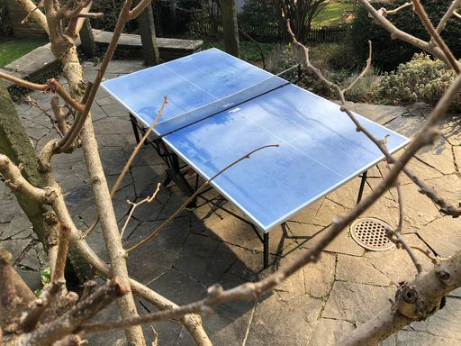 Pingpong-Tisch unter Pergola.