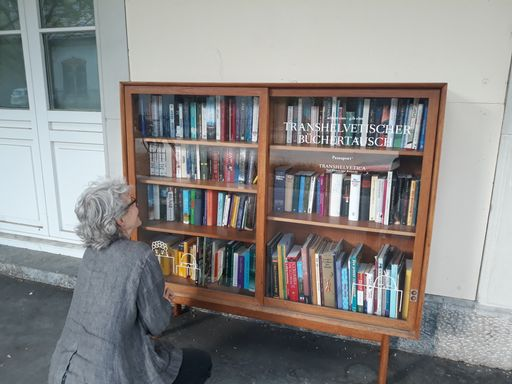Frau kniend vor einem Bücherregal draussen.